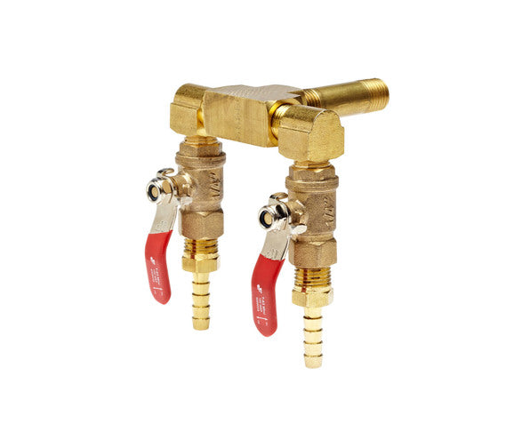 Dark Khaki Polyscience Flow adapter, two (2) port manifold w/shut offs, brass 1/4” male NPT x 2 @ 1/4” (6 mm) hose barb
