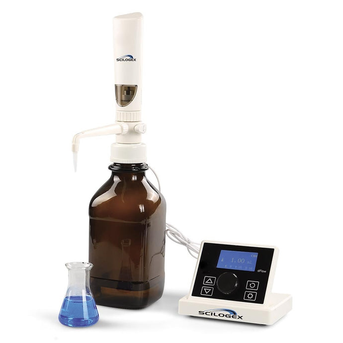 Beige Scilogex iFlow Motorized LCD Digital Bottle Top Dispenser, 0.1-99.9ml, 110-240V