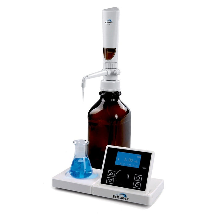 Black Scilogex iTrite Electronic Motorized Digital Bottletop Burette, 0.01-99.99ml, 110-240V